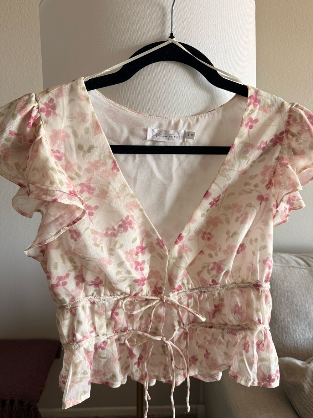 All in Favor Pink Floral Tie-Front Ruffle Blouse